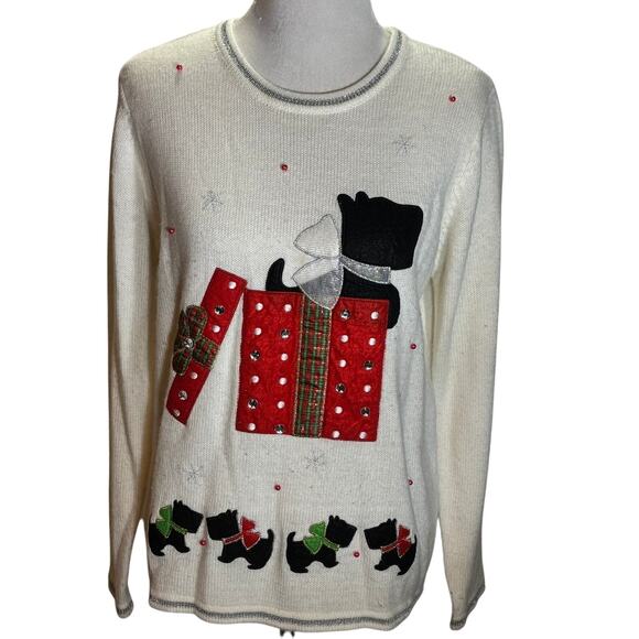 Holiday Dog Gift Box Sweater L 12-14 White Festive Scottie Dogs Rhinestones - Picture 1 of 6
